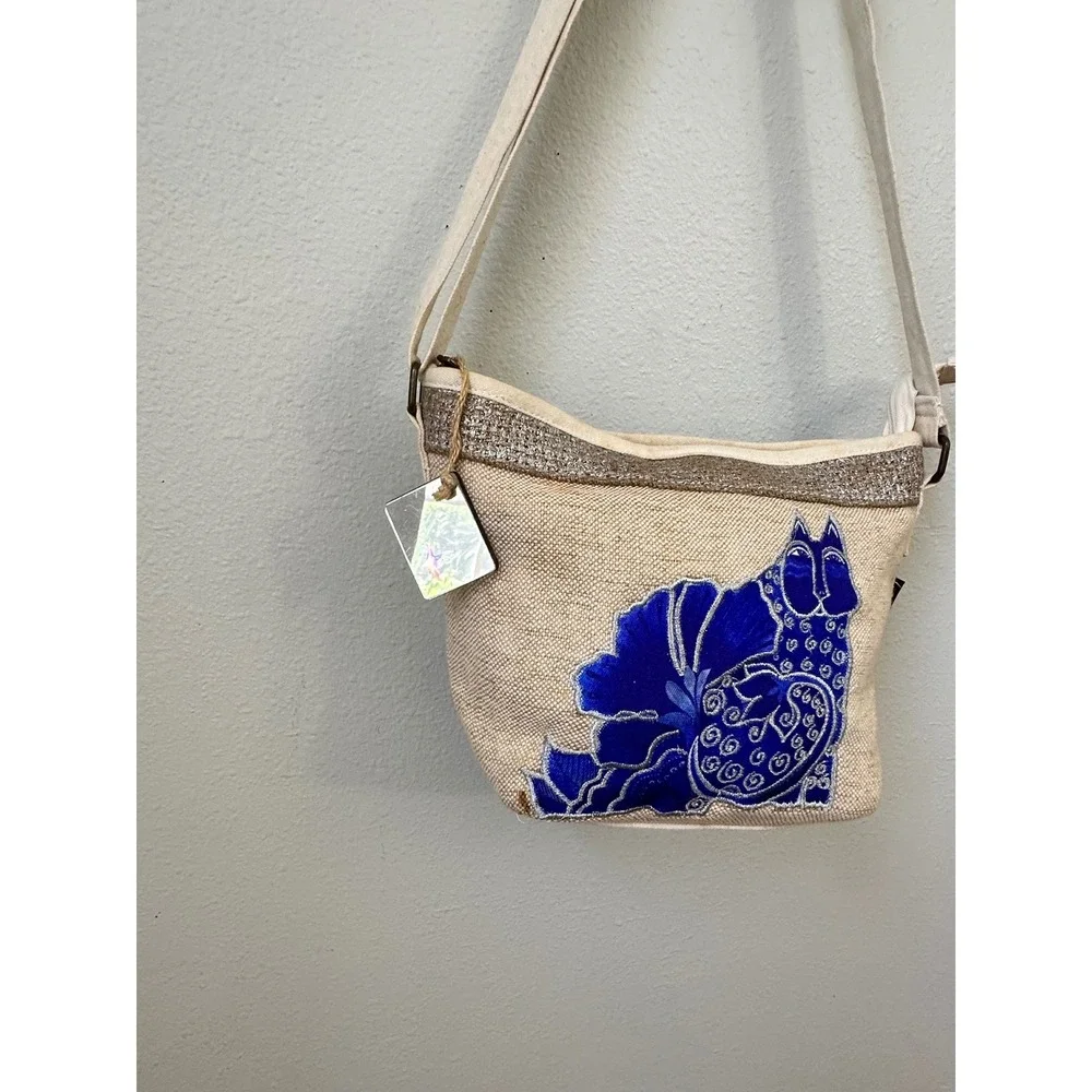 Laurel Burch Blue Cat Floral Canvas Crossbody Bag Silver Trim Adjustable Strap